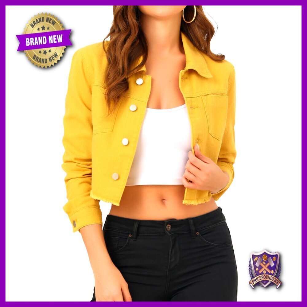 Cropped Denim Jacket Button Up Lapel Frayed Hem Lightweight Fall Casual Chic